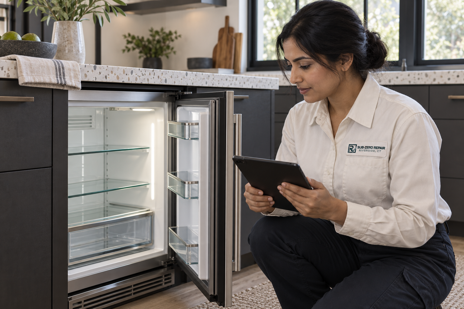 Fictional technician beside a Sub-Zero undercounter refrigerator — AI illustration for Sub-Zero Repair Riverside