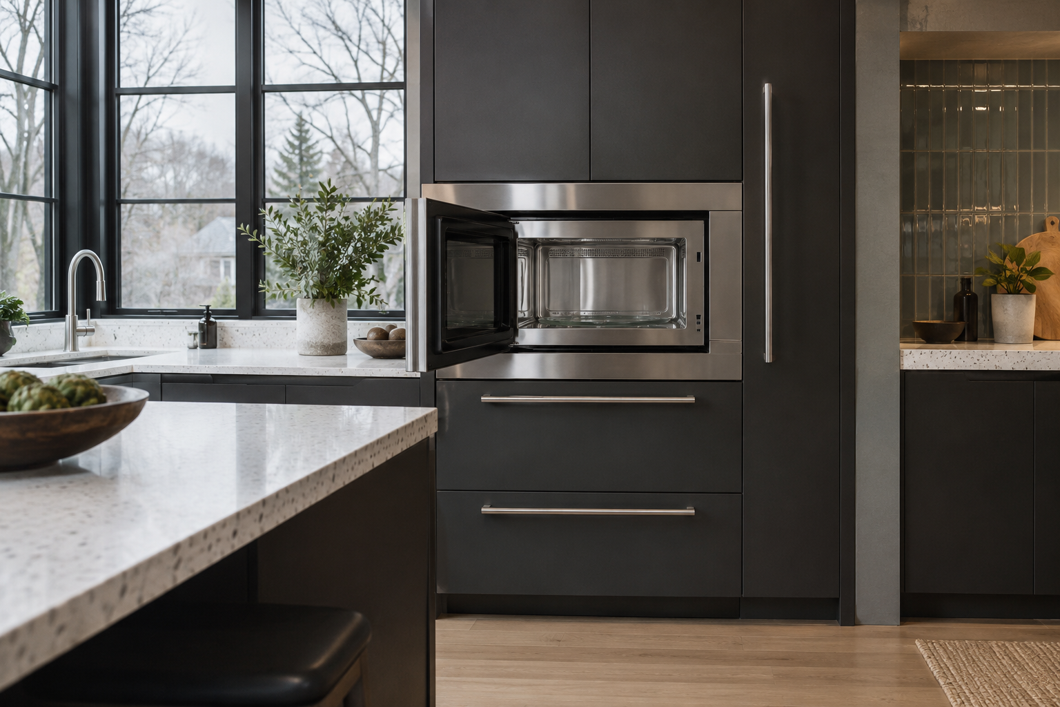 Illustrative Wolf microwave in a residential kitchen — AI image for Sub-Zero Repair Riverside