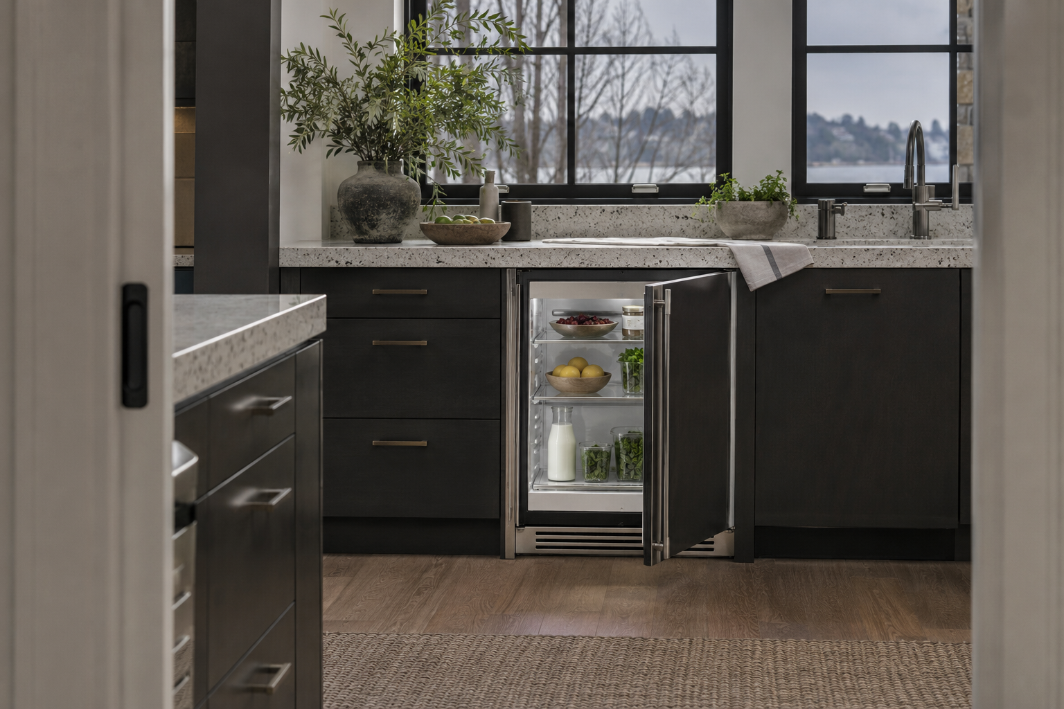 Illustrative Sub-Zero undercounter refrigerator in a residential kitchen — AI image for Sub-Zero Repair Riverside