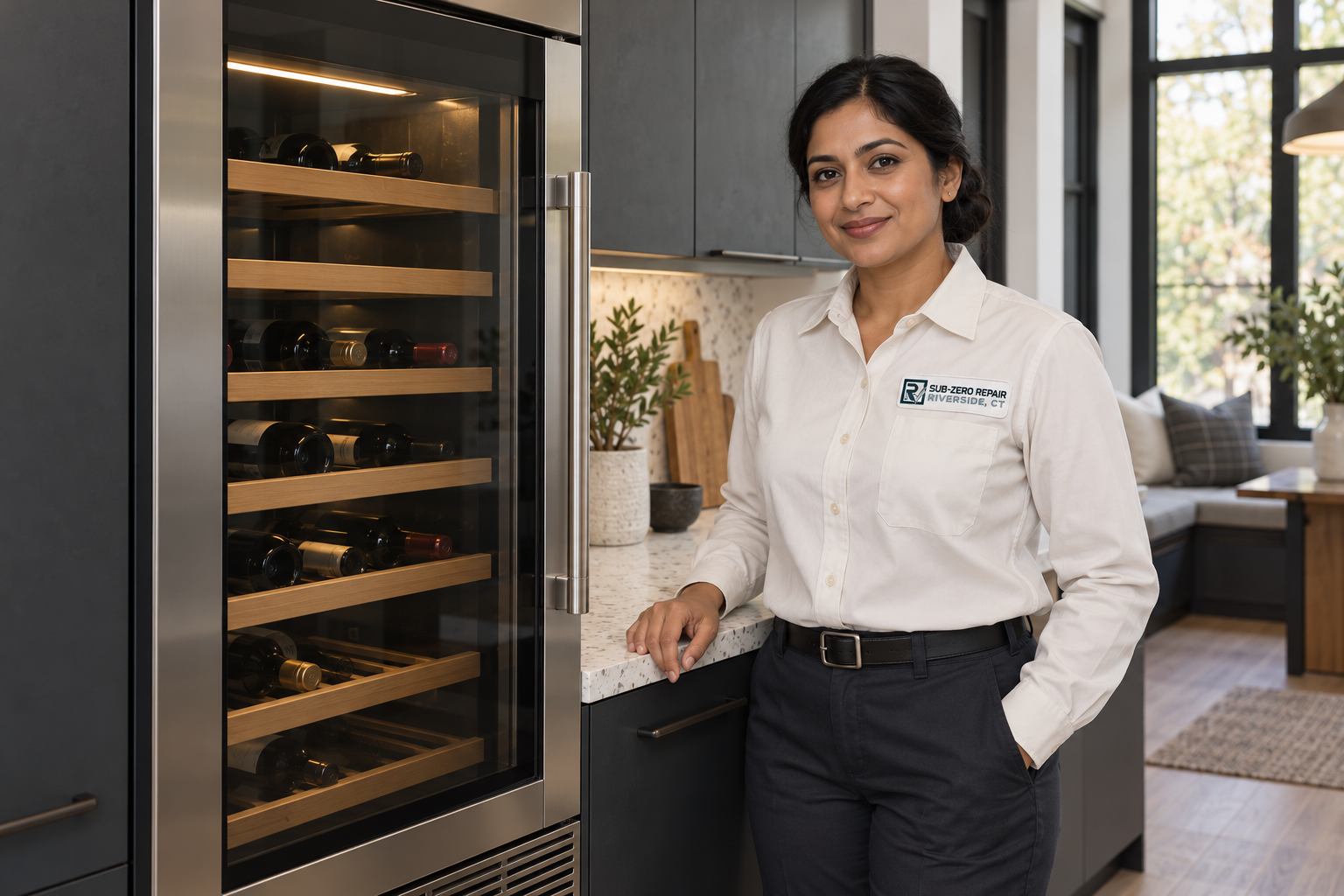 Fictional technician beside a Monogram wine cooler — AI illustration for Sub-Zero Repair Riverside