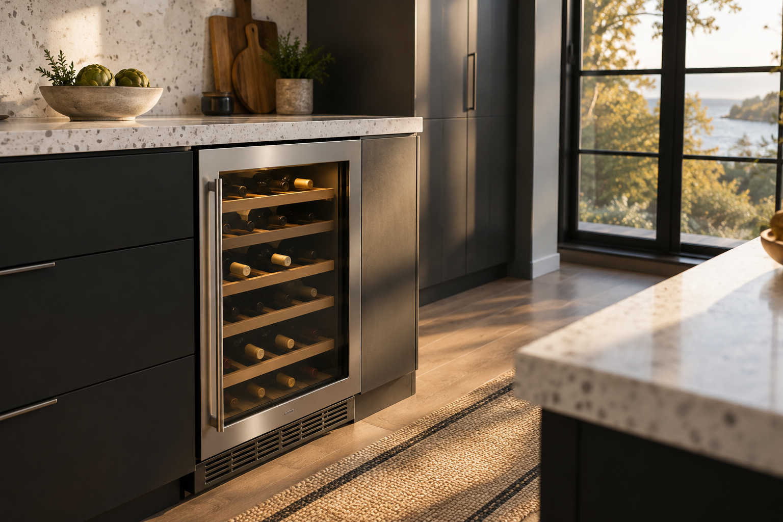Illustrative Monogram wine cooler in a residential kitchen — AI image for Sub-Zero Repair Riverside