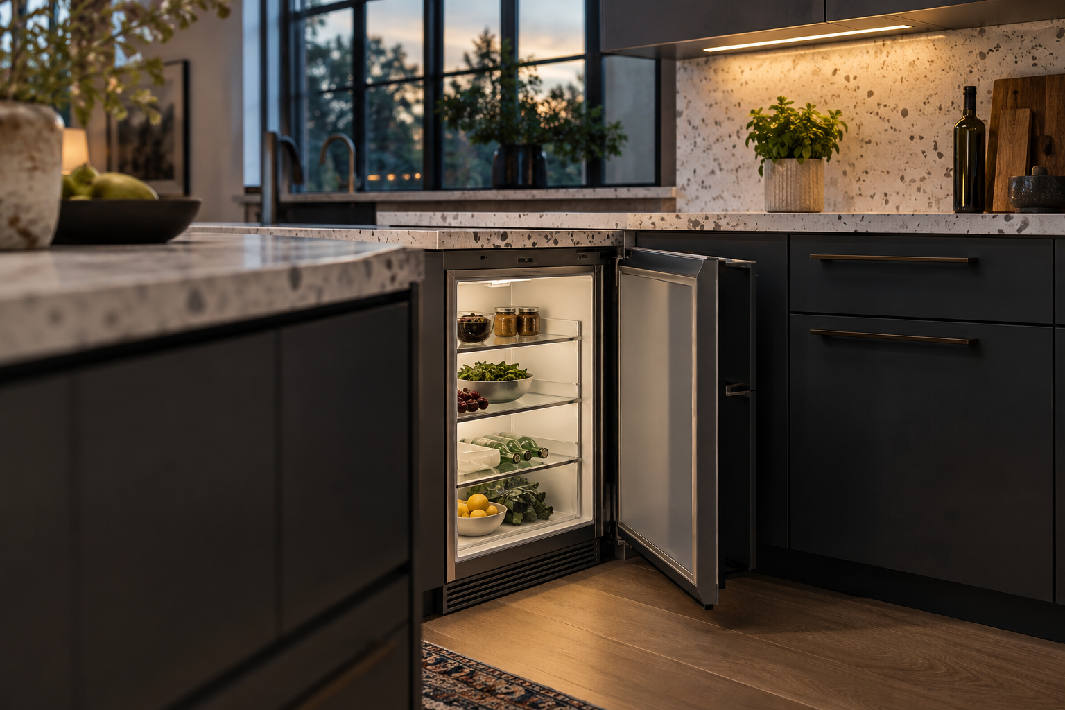 Illustrative Sub-Zero undercounter refrigerator in a residential kitchen — AI image for Sub-Zero Repair Riverside