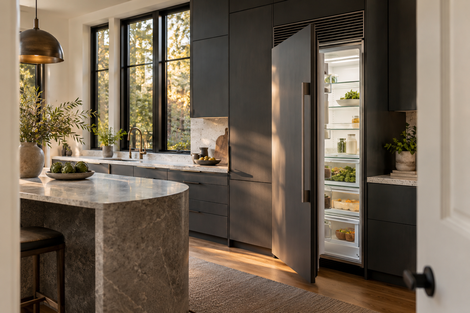 Illustrative Sub-Zero refrigerator in a residential kitchen — AI image for Sub-Zero Repair Riverside