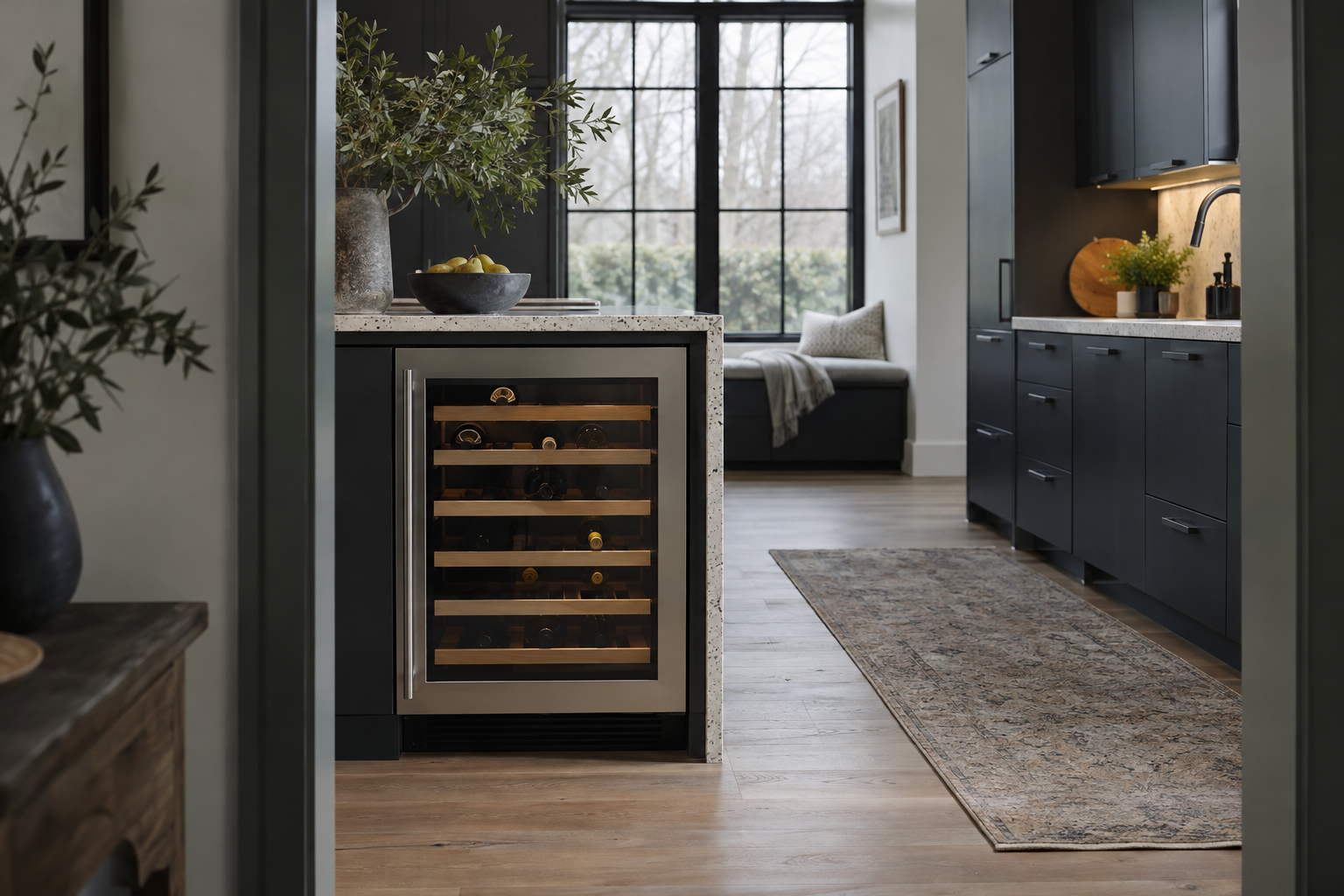Illustrative Monogram wine cooler in a residential kitchen — AI image for Sub-Zero Repair Riverside