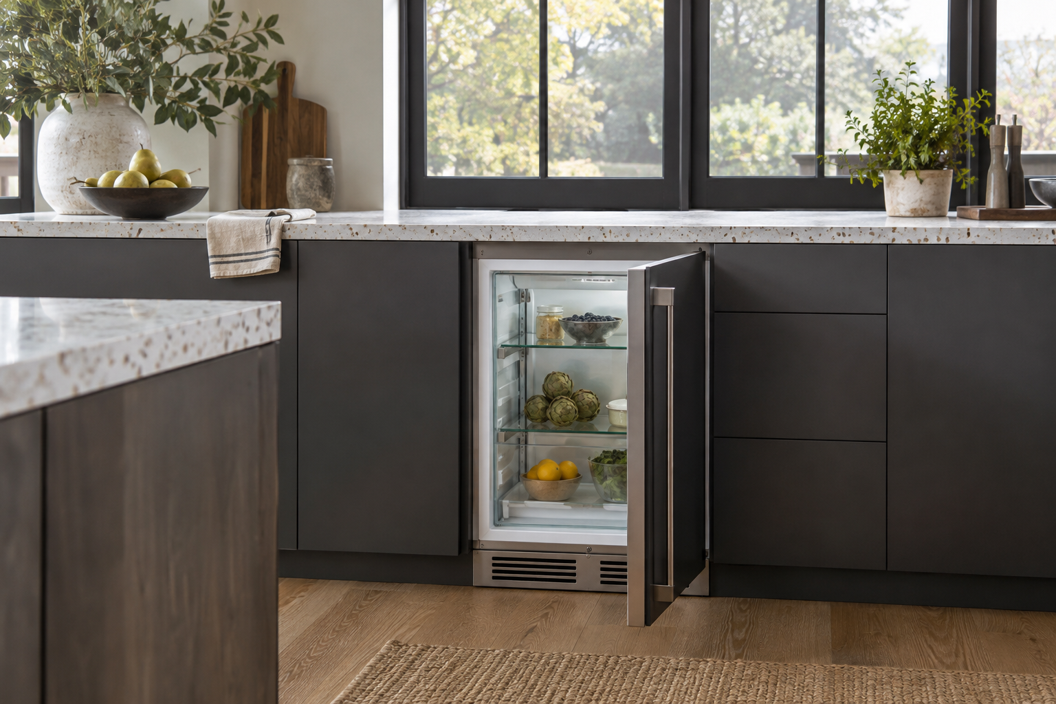 Illustrative Sub-Zero undercounter refrigerator in a residential kitchen — AI image for Sub-Zero Repair Riverside
