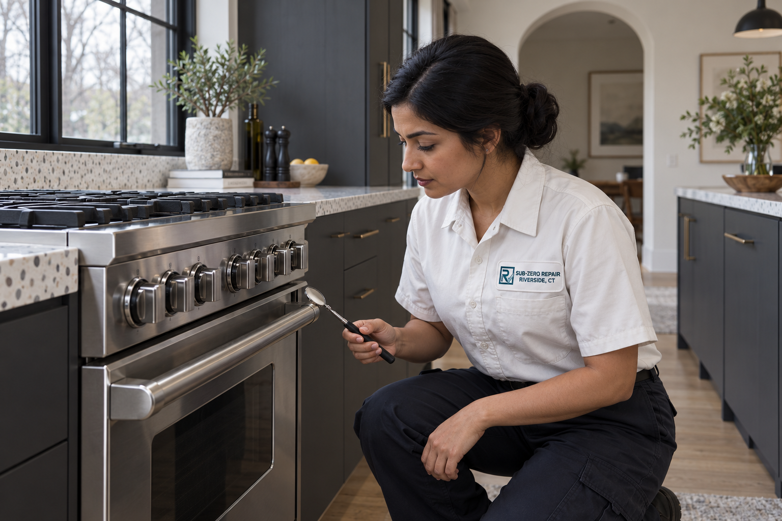Fictional technician beside a Viking range — AI illustration for Sub-Zero Repair Riverside