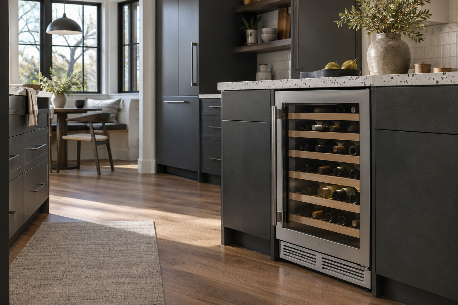 Illustrative Monogram wine cooler in a residential kitchen — AI image for Sub-Zero Repair Riverside