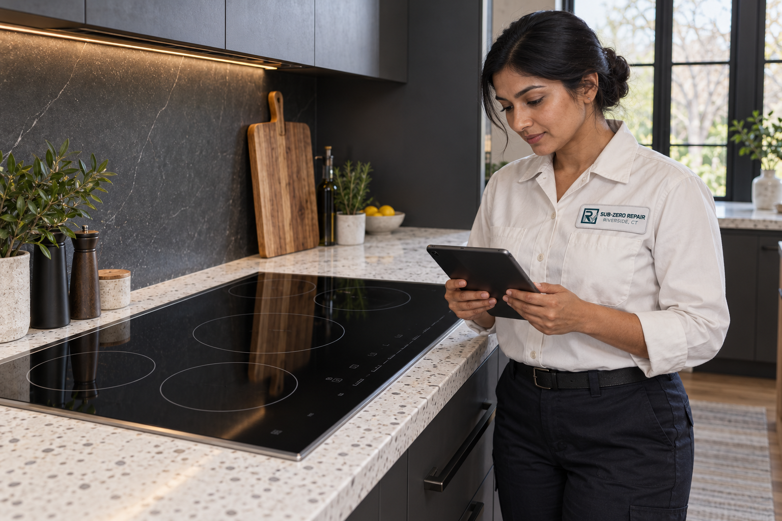 Fictional technician beside a Viking cooktop — AI illustration for Sub-Zero Repair Riverside